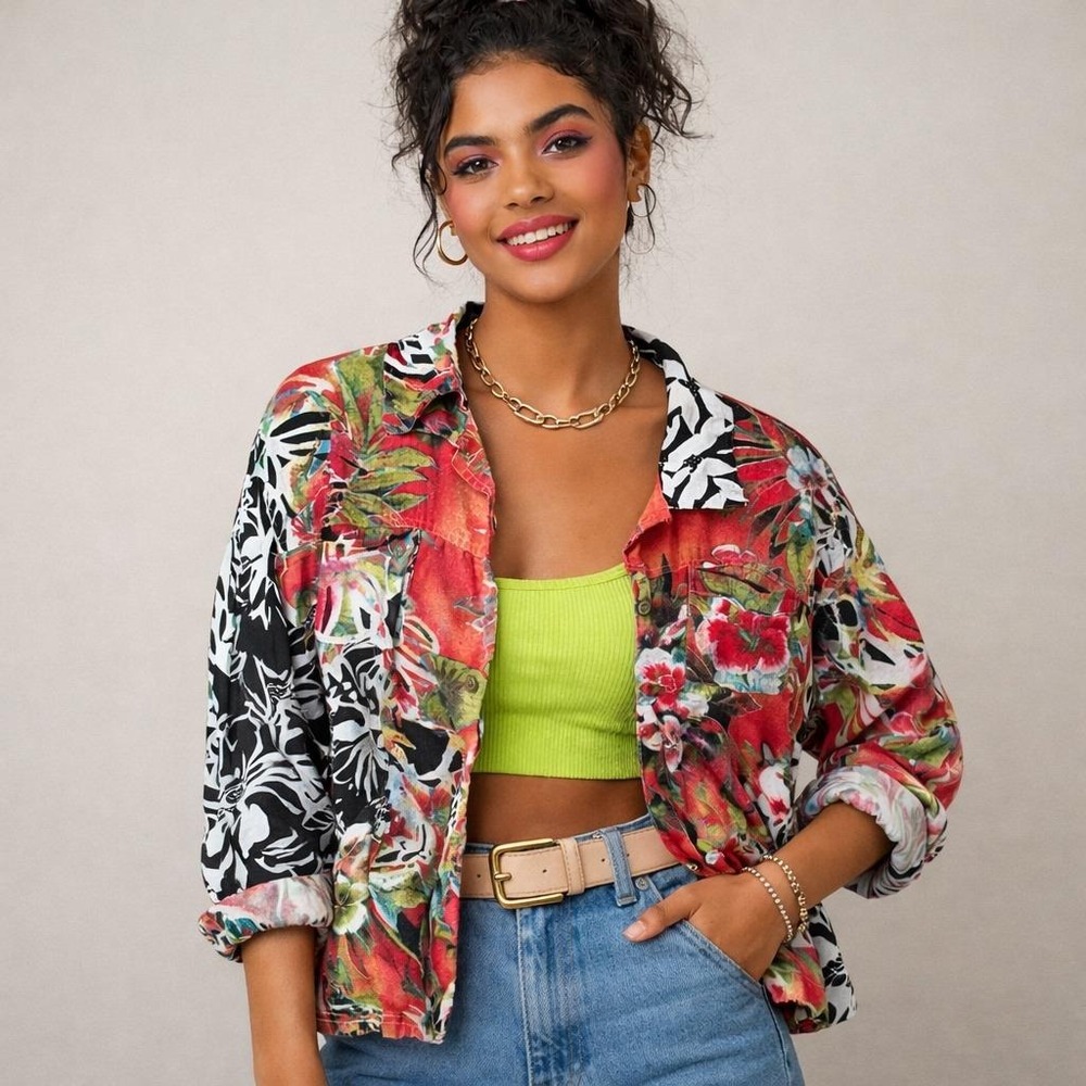 Vintage Chico's 100% Linen Tropical Floral Shirt Maximalist Dopamine‎ Dressing